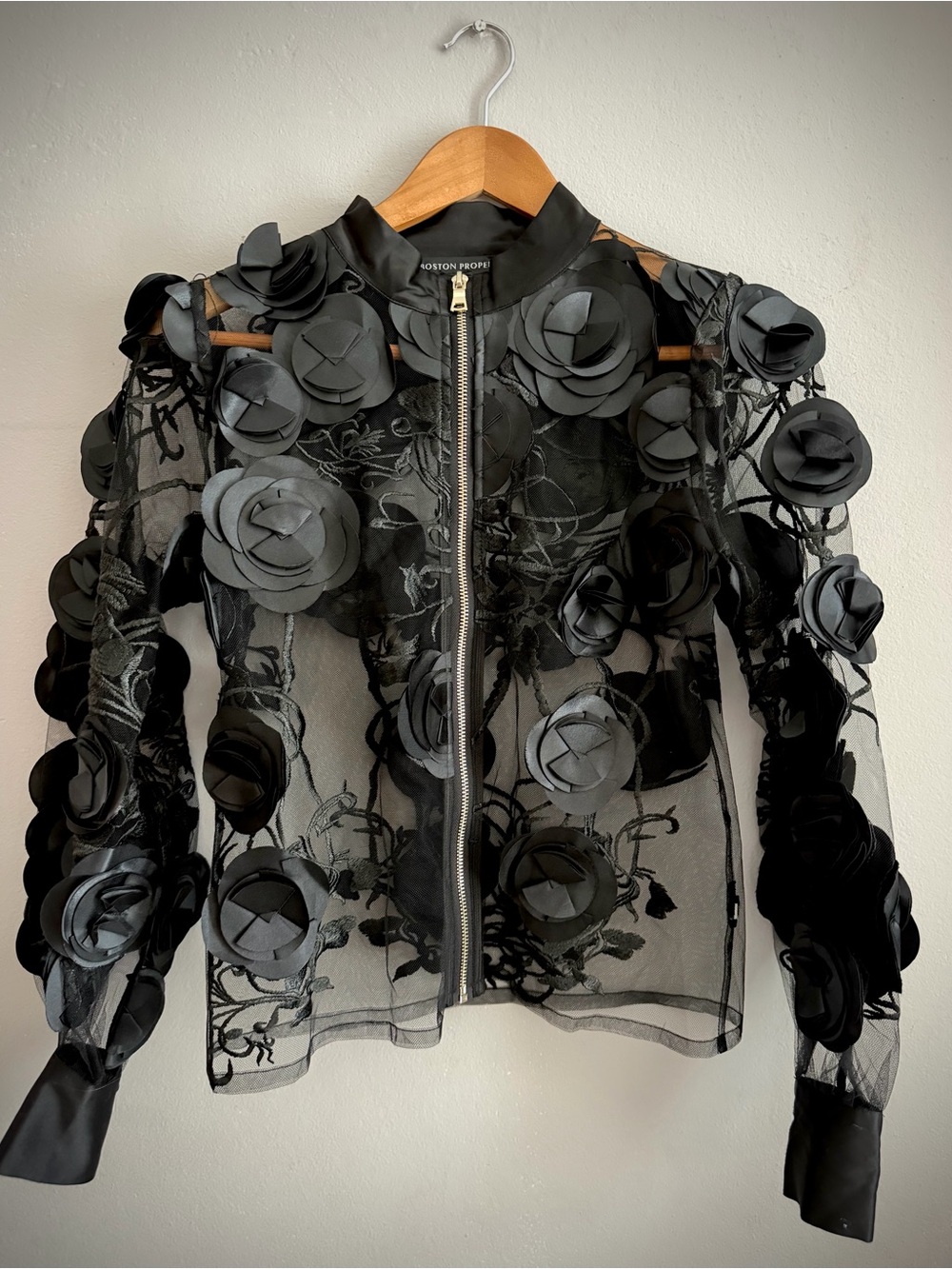 Boston Proper Black Sheer Floral Appliqué Bomber Jacket - Picture 2 of 11